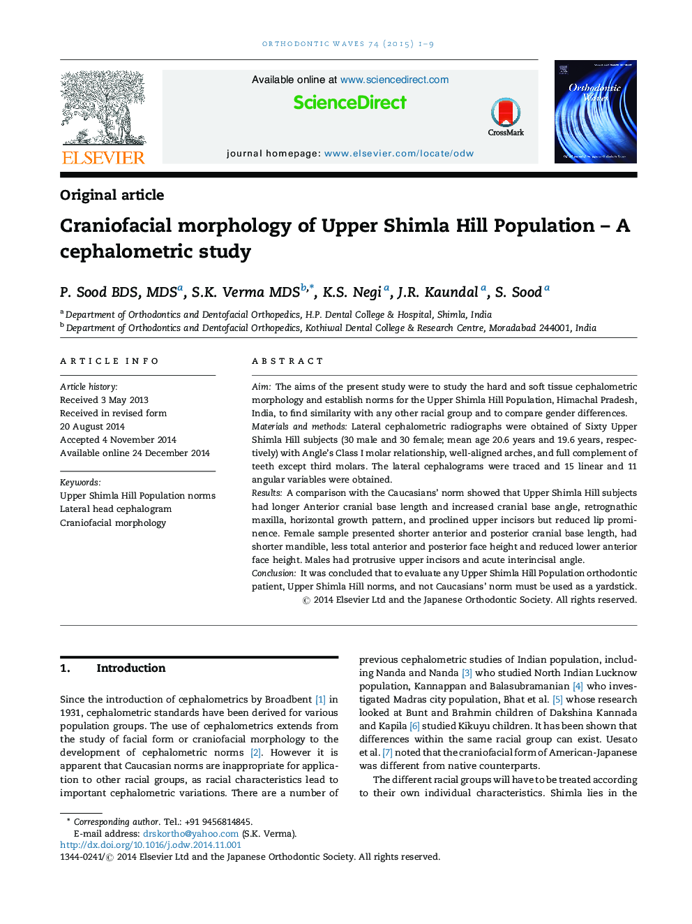 Craniofacial morphology of Upper Shimla Hill Population – A cephalometric study