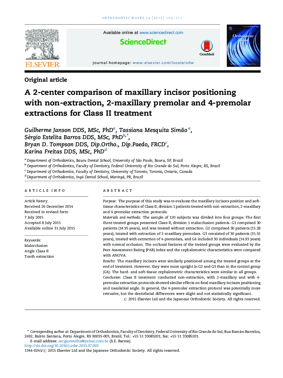 A 2-center comparison of maxillary incisor positioning with non-extraction, 2-maxillary premolar and 4-premolar extractions for Class II treatment