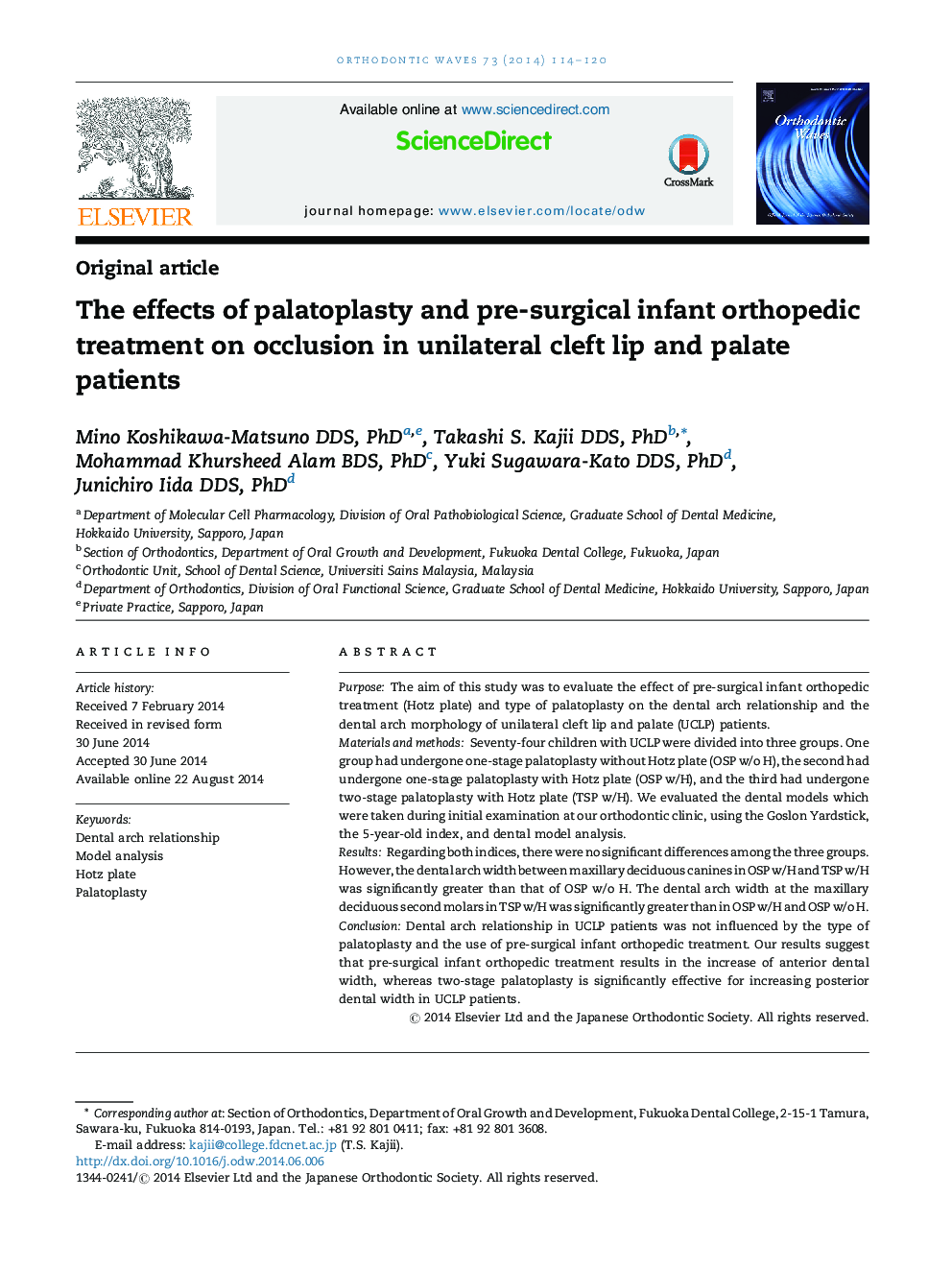 The effects of palatoplasty and pre-surgical infant orthopedic treatment on occlusion in unilateral cleft lip and palate patients