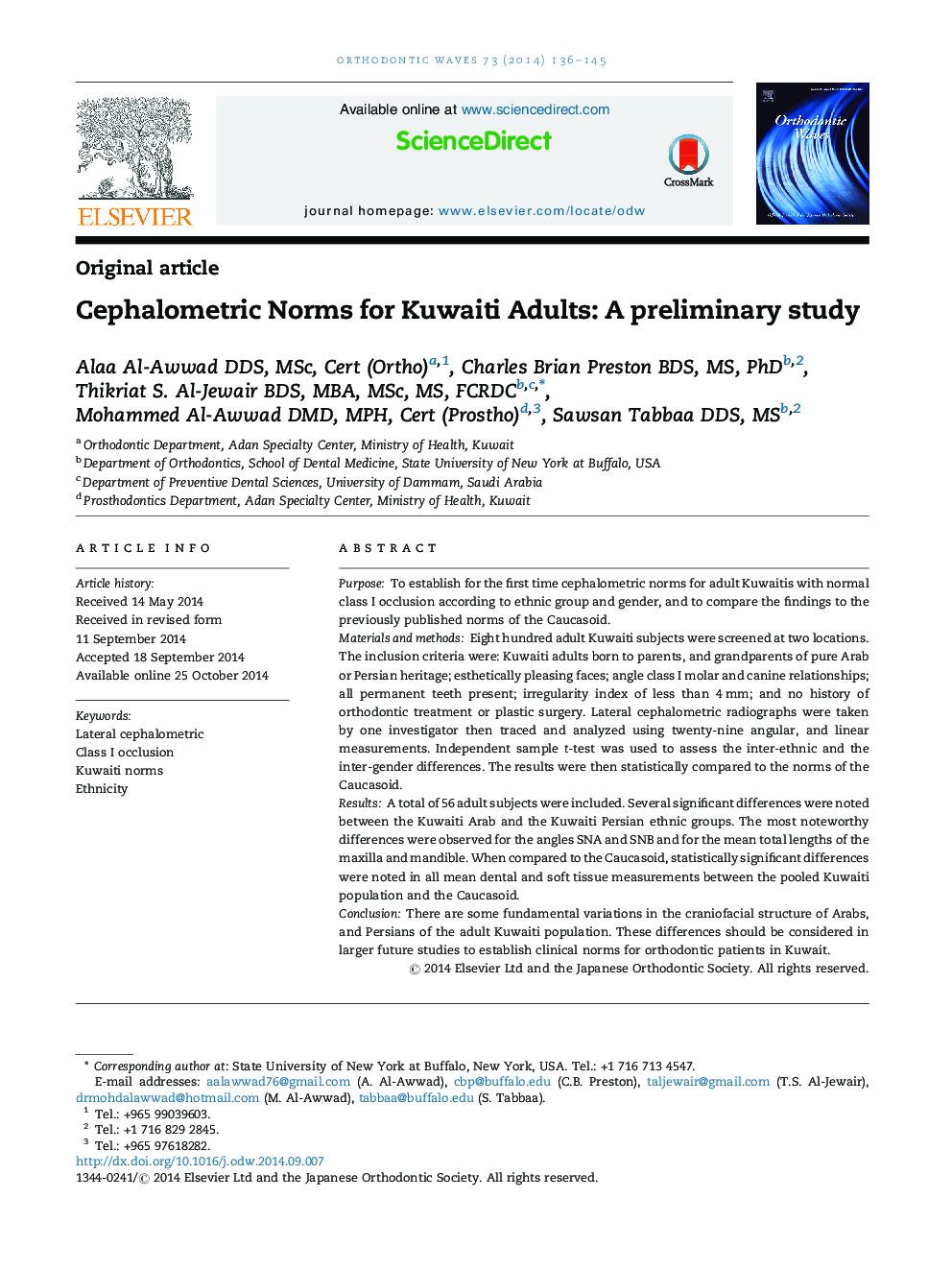 Cephalometric Norms for Kuwaiti Adults: A preliminary study