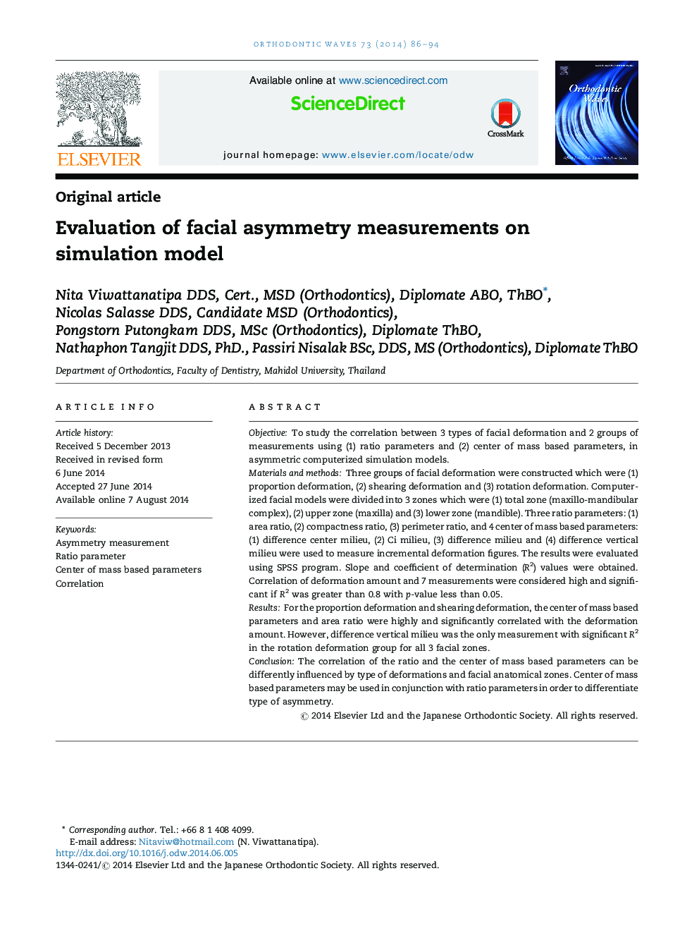 Evaluation of facial asymmetry measurements on simulation model