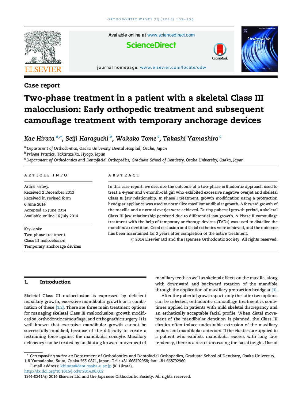 Two-phase treatment in a patient with a skeletal Class III malocclusion: Early orthopedic treatment and subsequent camouflage treatment with temporary anchorage devices