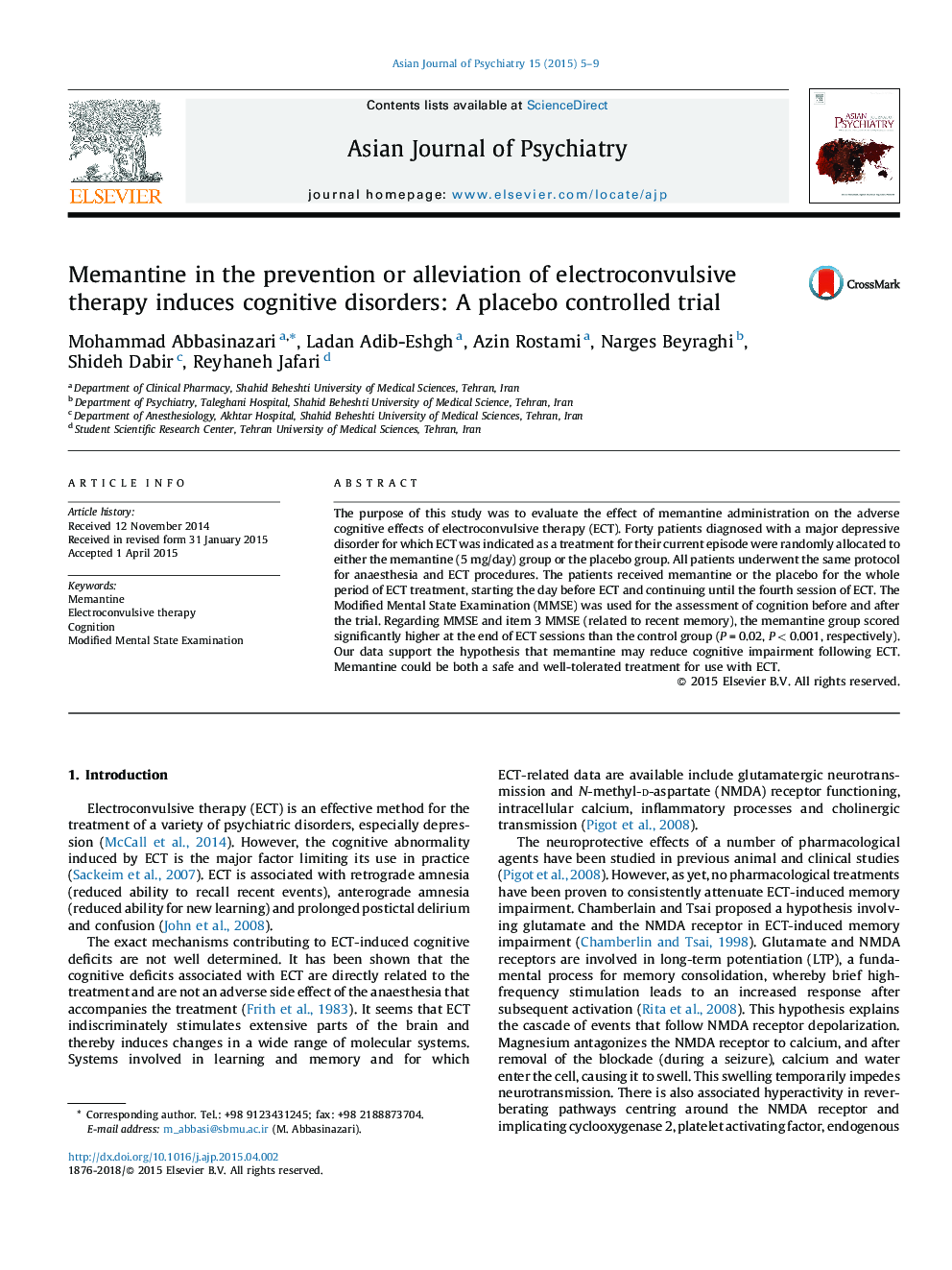 Memantine in the prevention or alleviation of electroconvulsive therapy induces cognitive disorders: A placebo controlled trial
