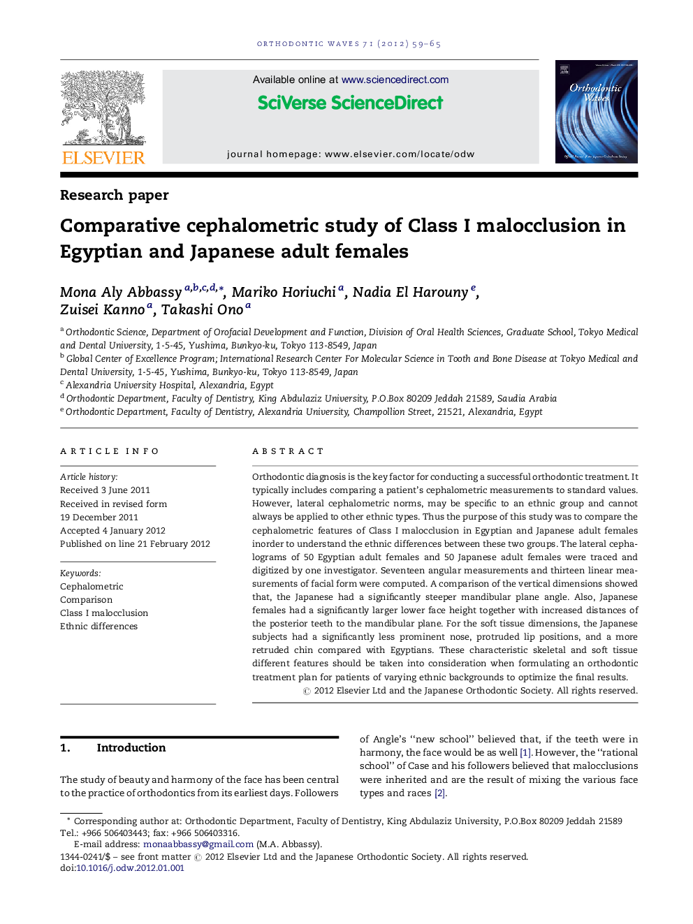 Comparative cephalometric study of Class I malocclusion in Egyptian and Japanese adult females