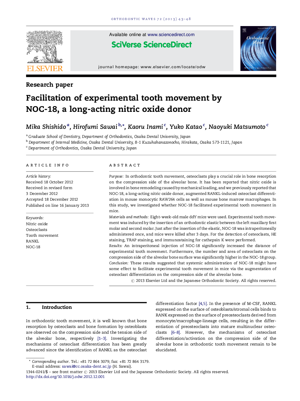 Facilitation of experimental tooth movement by NOC-18, a long-acting nitric oxide donor