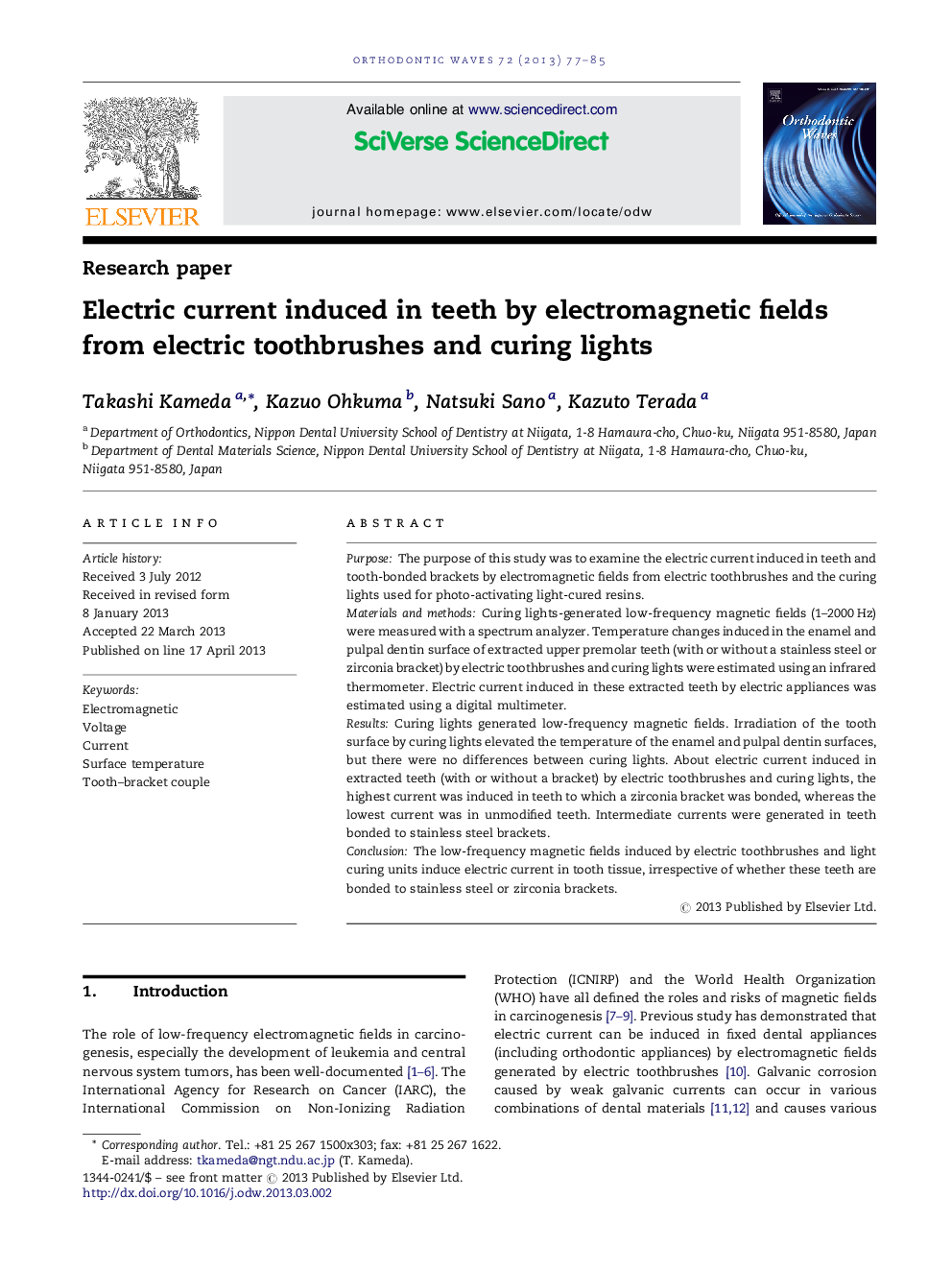 Electric current induced in teeth by electromagnetic fields from electric toothbrushes and curing lights