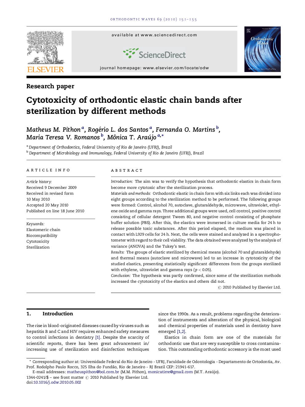 Cytotoxicity of orthodontic elastic chain bands after sterilization by different methods