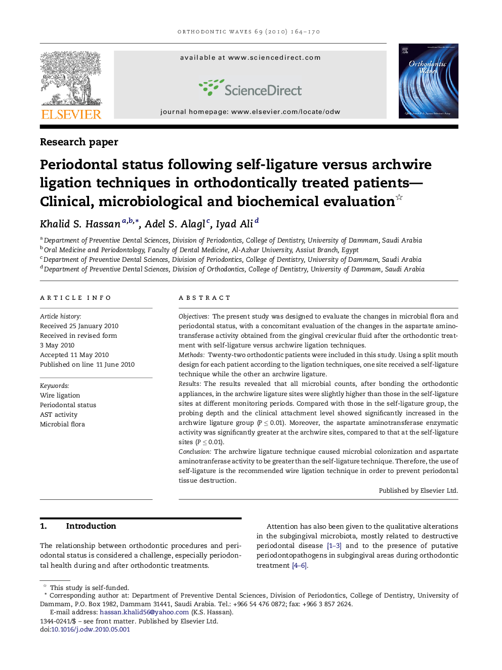 Periodontal status following self-ligature versus archwire ligation techniques in orthodontically treated patients—Clinical, microbiological and biochemical evaluation 