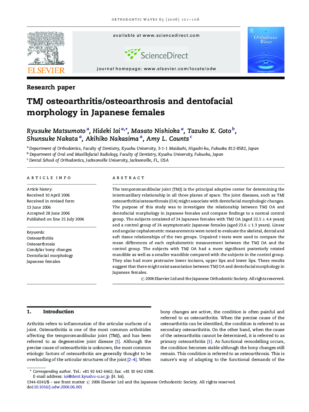 TMJ osteoarthritis/osteoarthrosis and dentofacial morphology in Japanese females