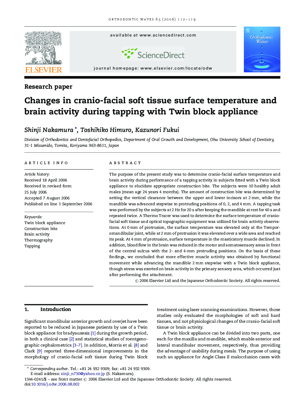 Changes in cranio-facial soft tissue surface temperature and brain activity during tapping with Twin block appliance