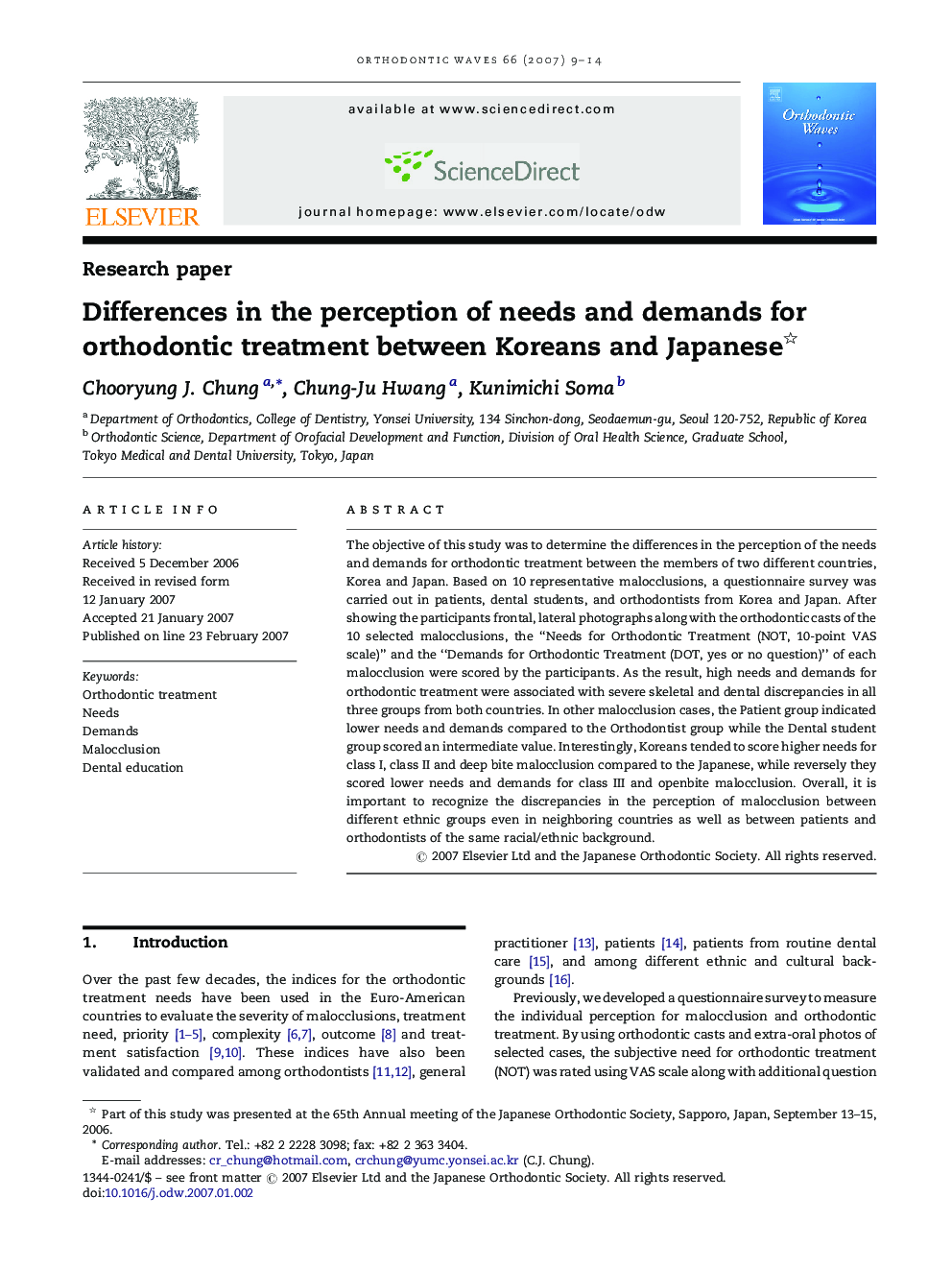 Differences in the perception of needs and demands for orthodontic treatment between Koreans and Japanese