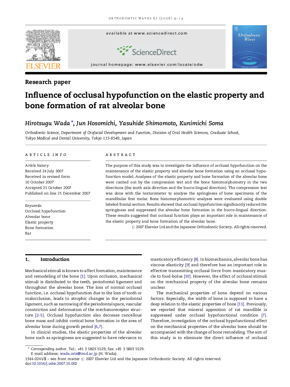 Influence of occlusal hypofunction on the elastic property and bone formation of rat alveolar bone