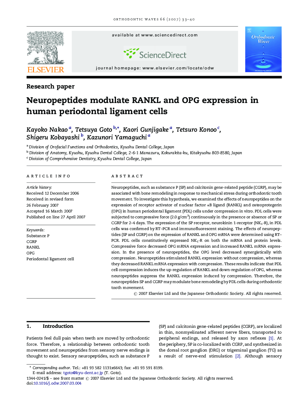 Neuropeptides modulate RANKL and OPG expression in human periodontal ligament cells