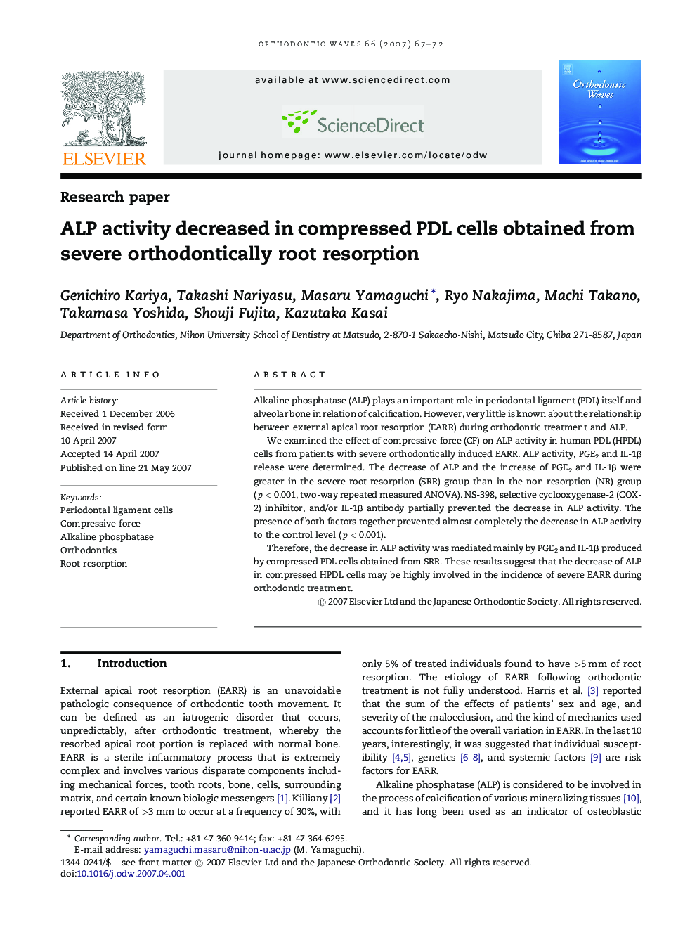 ALP activity decreased in compressed PDL cells obtained from severe orthodontically root resorption