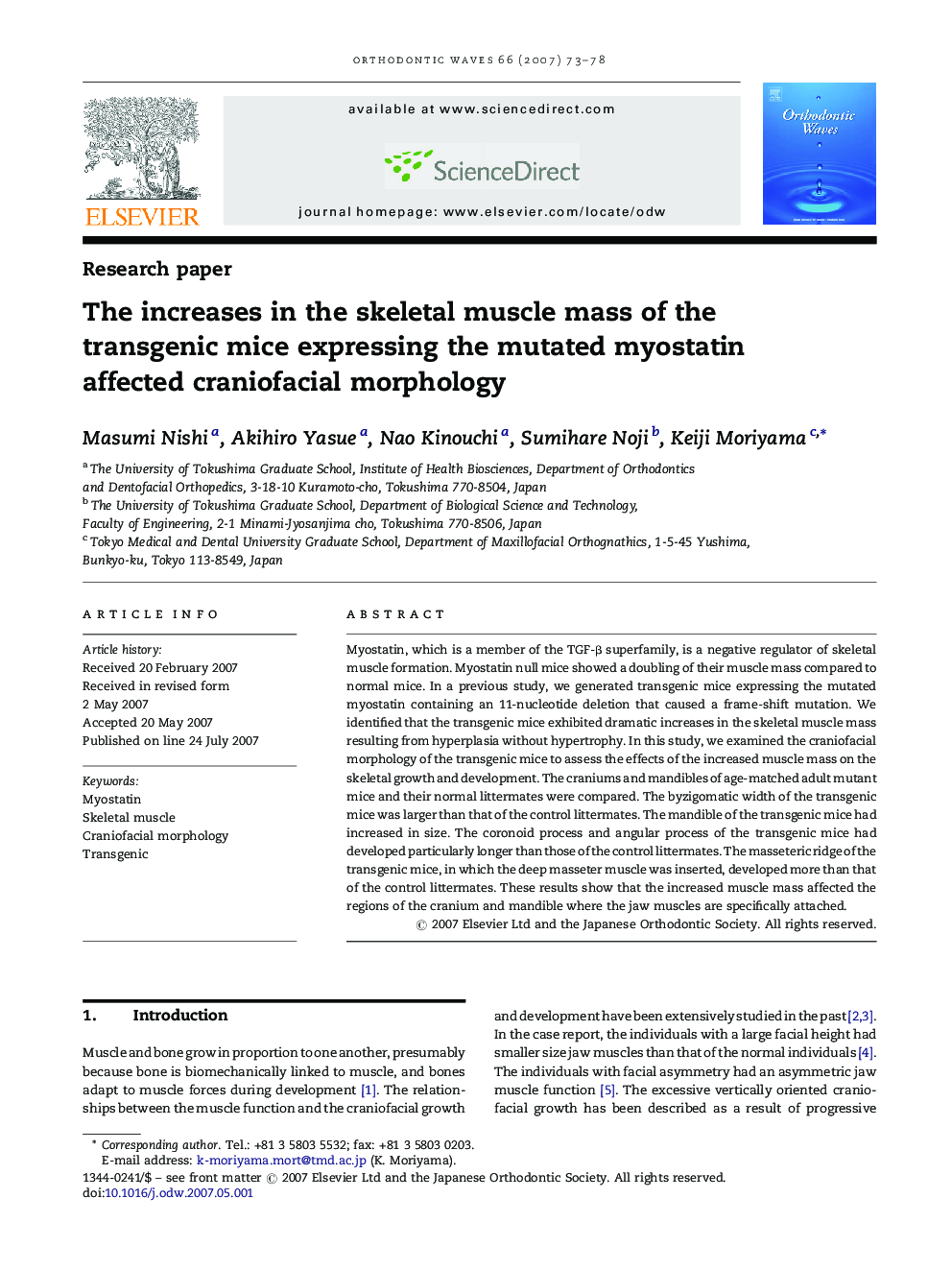 The increases in the skeletal muscle mass of the transgenic mice expressing the mutated myostatin affected craniofacial morphology