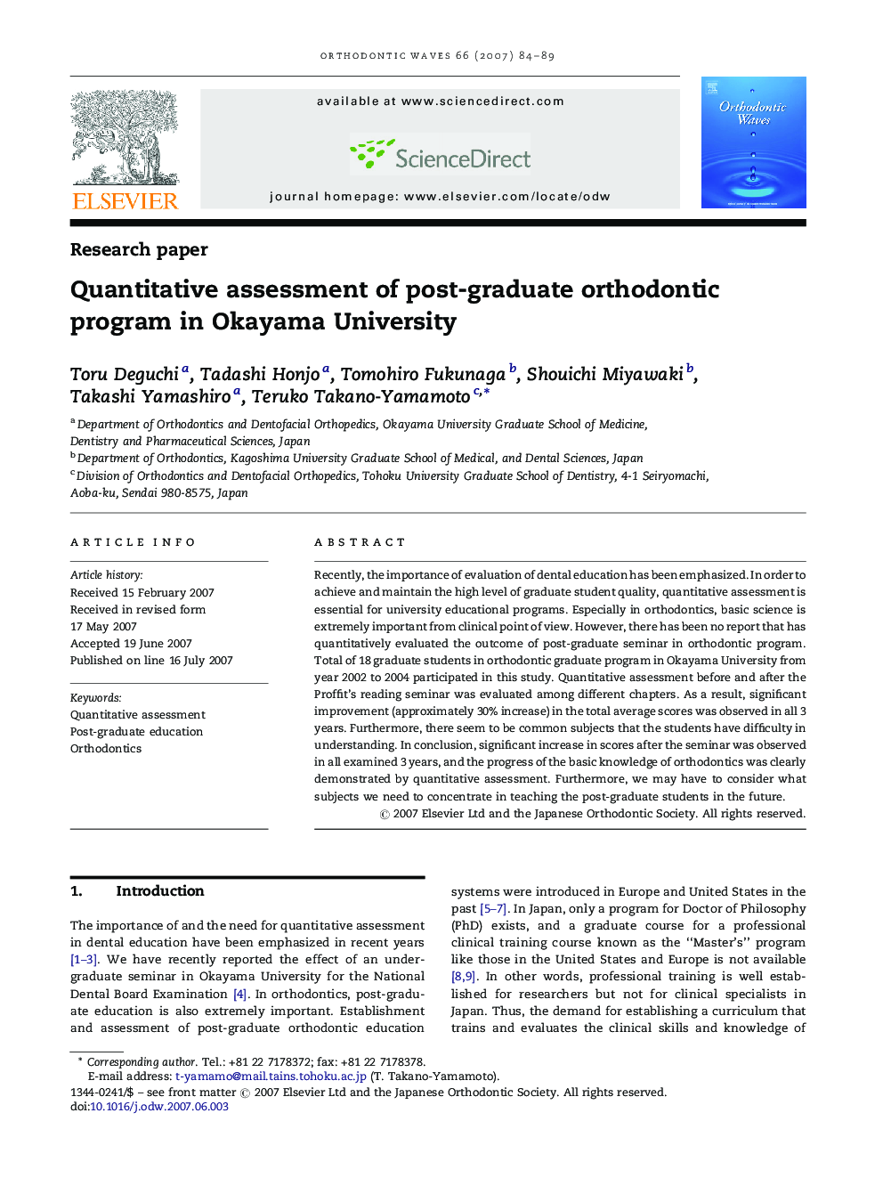 Quantitative assessment of post-graduate orthodontic program in Okayama University
