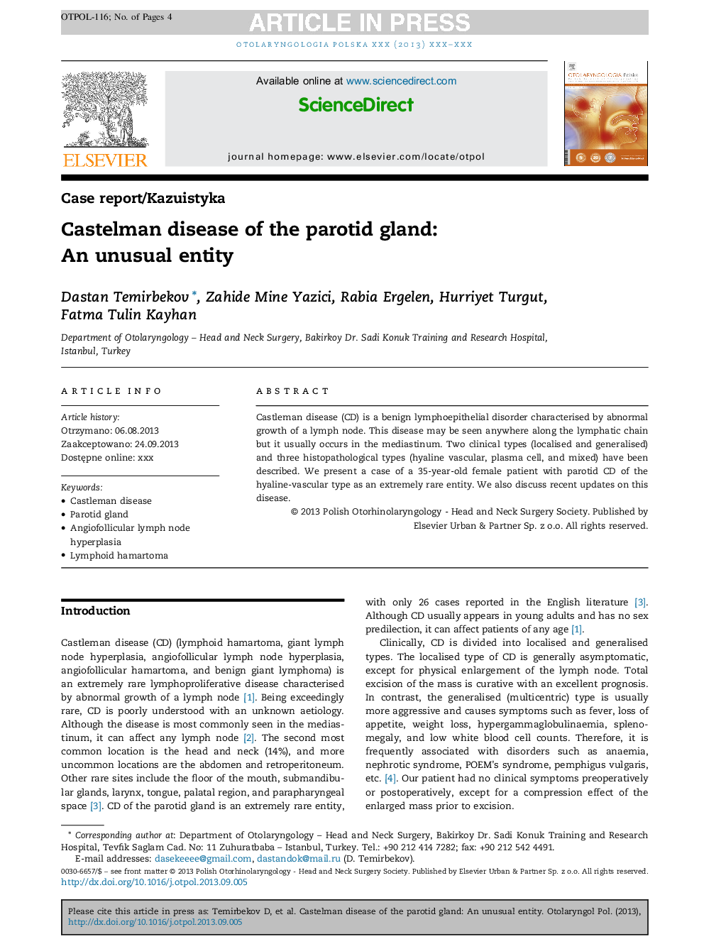 Castelman disease of the parotid gland: An unusual entity