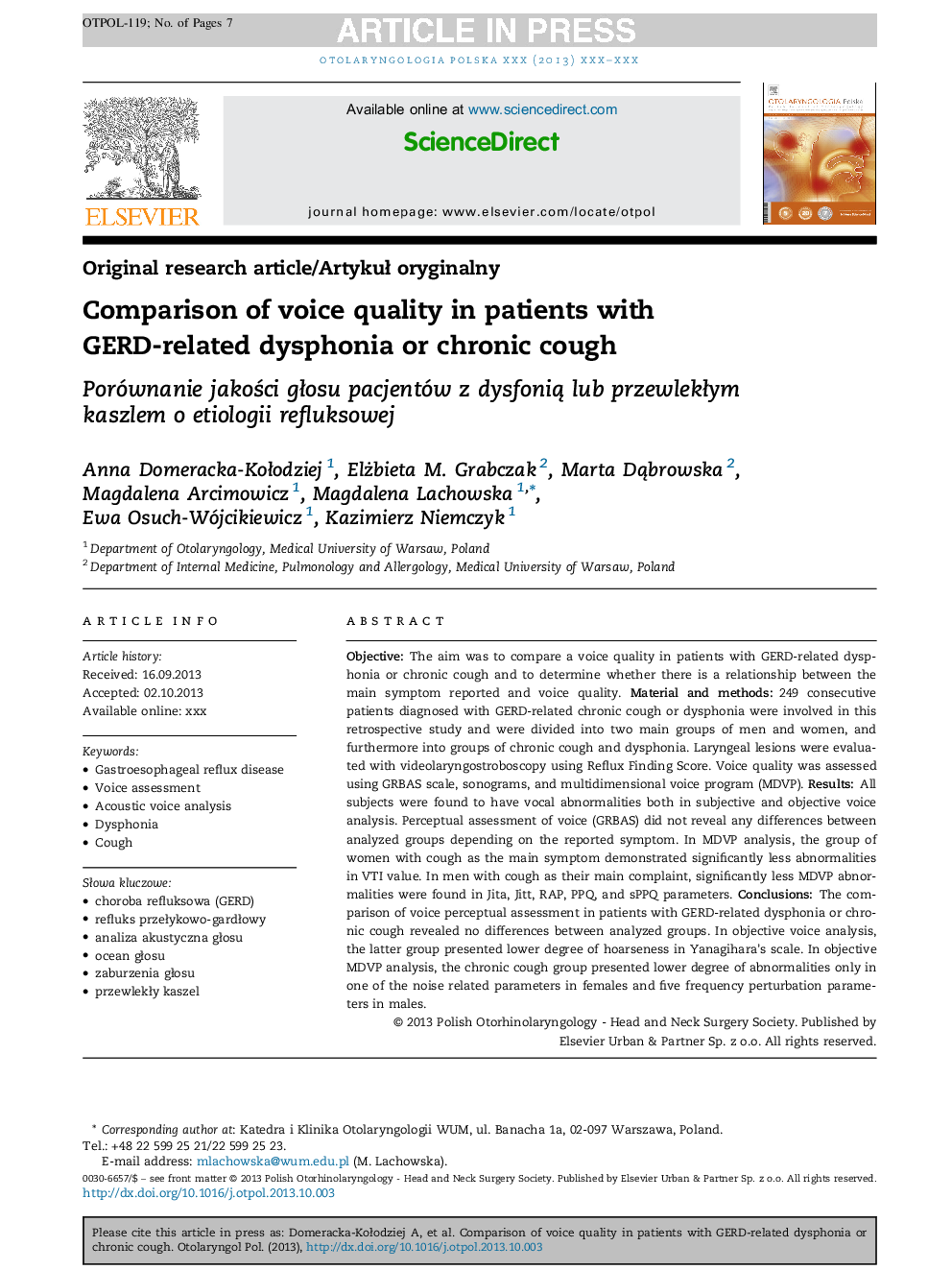 Comparison of voice quality in patients with GERD-related dysphonia or chronic cough