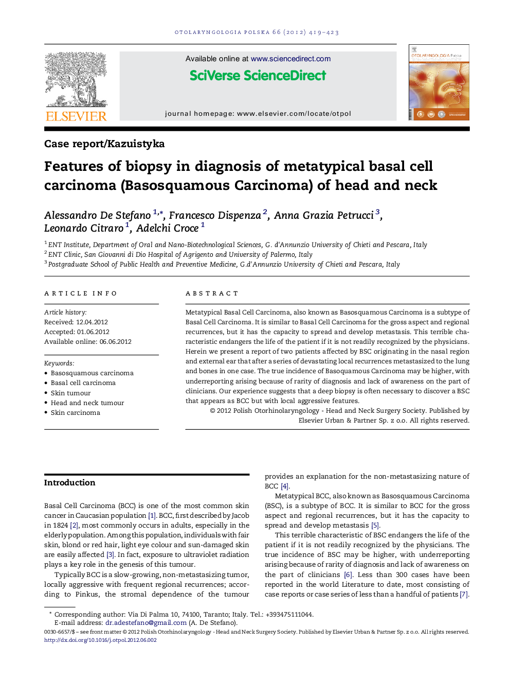 Features of biopsy in diagnosis of metatypical basal cell carcinoma (Basosquamous Carcinoma) of head and neck