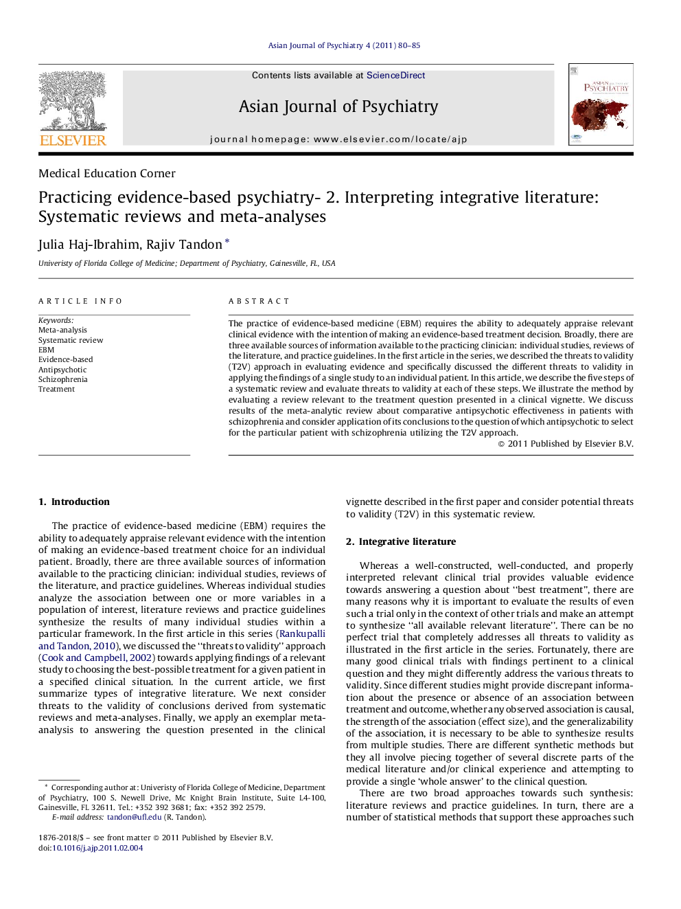 Practicing evidence-based psychiatry- 2. Interpreting integrative literature: Systematic reviews and meta-analyses