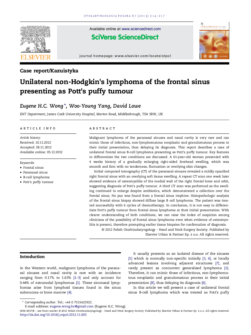 Unilateral non-Hodgkin's lymphoma of the frontal sinus presenting as Pott's puffy tumour