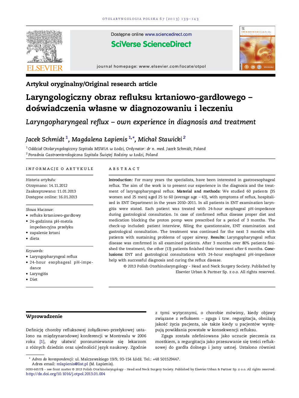 Laryngologiczny obraz refluksu krtaniowo-gardÅowego - doÅwiadczenia wÅasne w diagnozowaniu i leczeniu