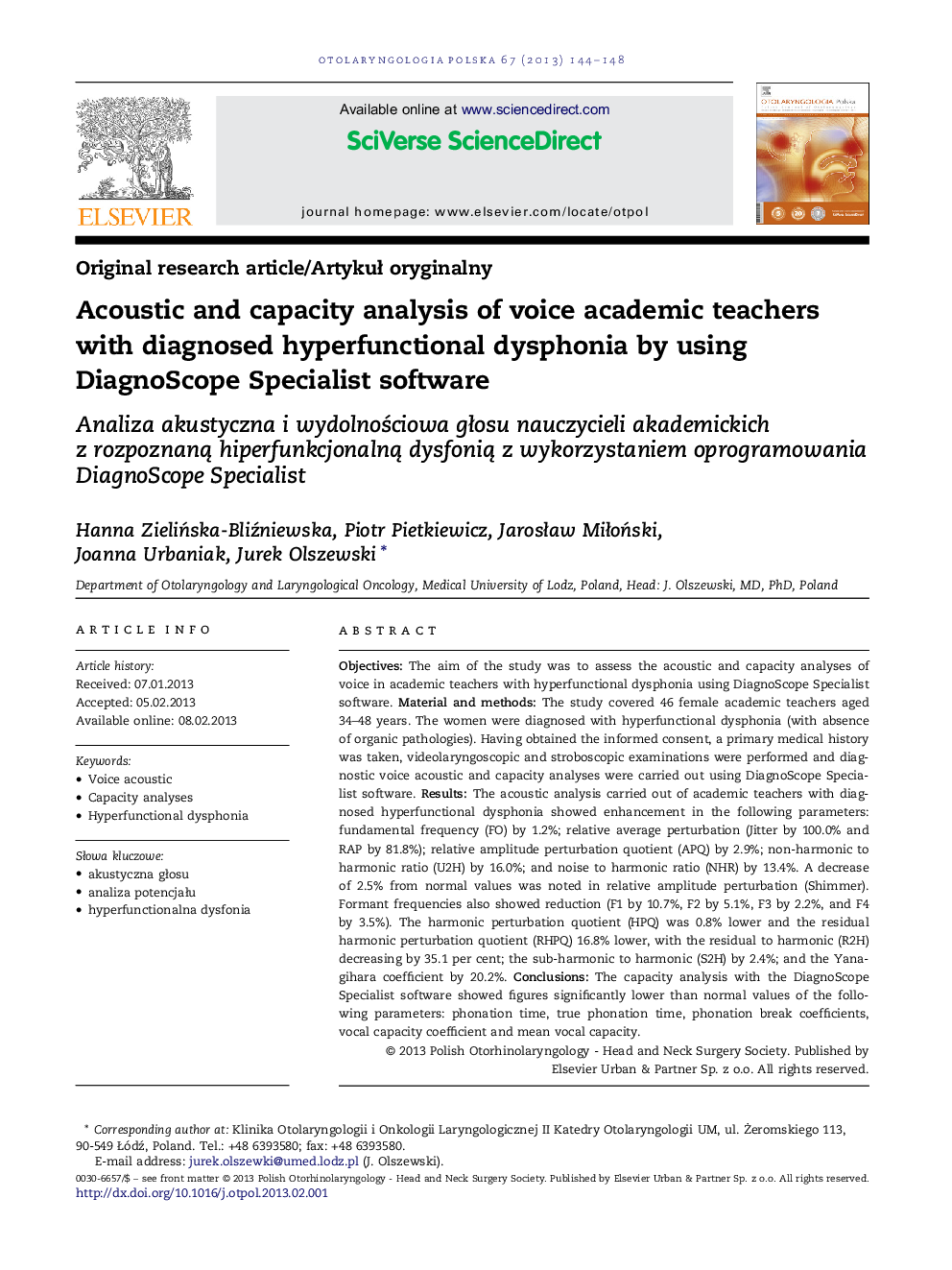 Acoustic and capacity analysis of voice academic teachers with diagnosed hyperfunctional dysphonia by using DiagnoScope Specialist software