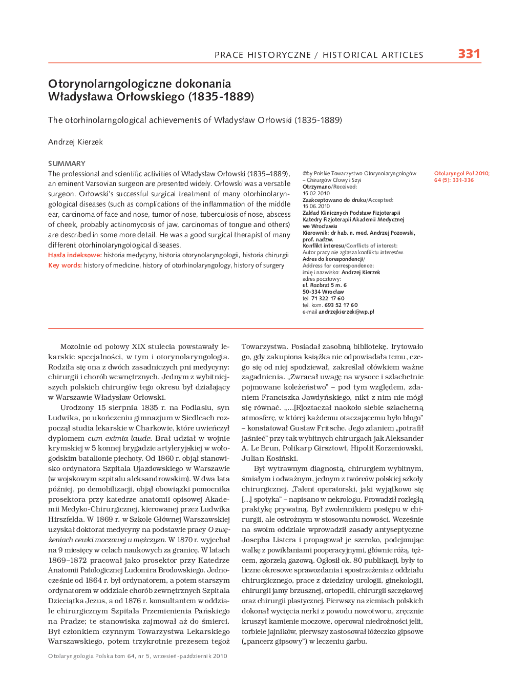 Otorynolaryngologiczne dokonania WÅadysÅawa OrÅowskiego (1835-1889)