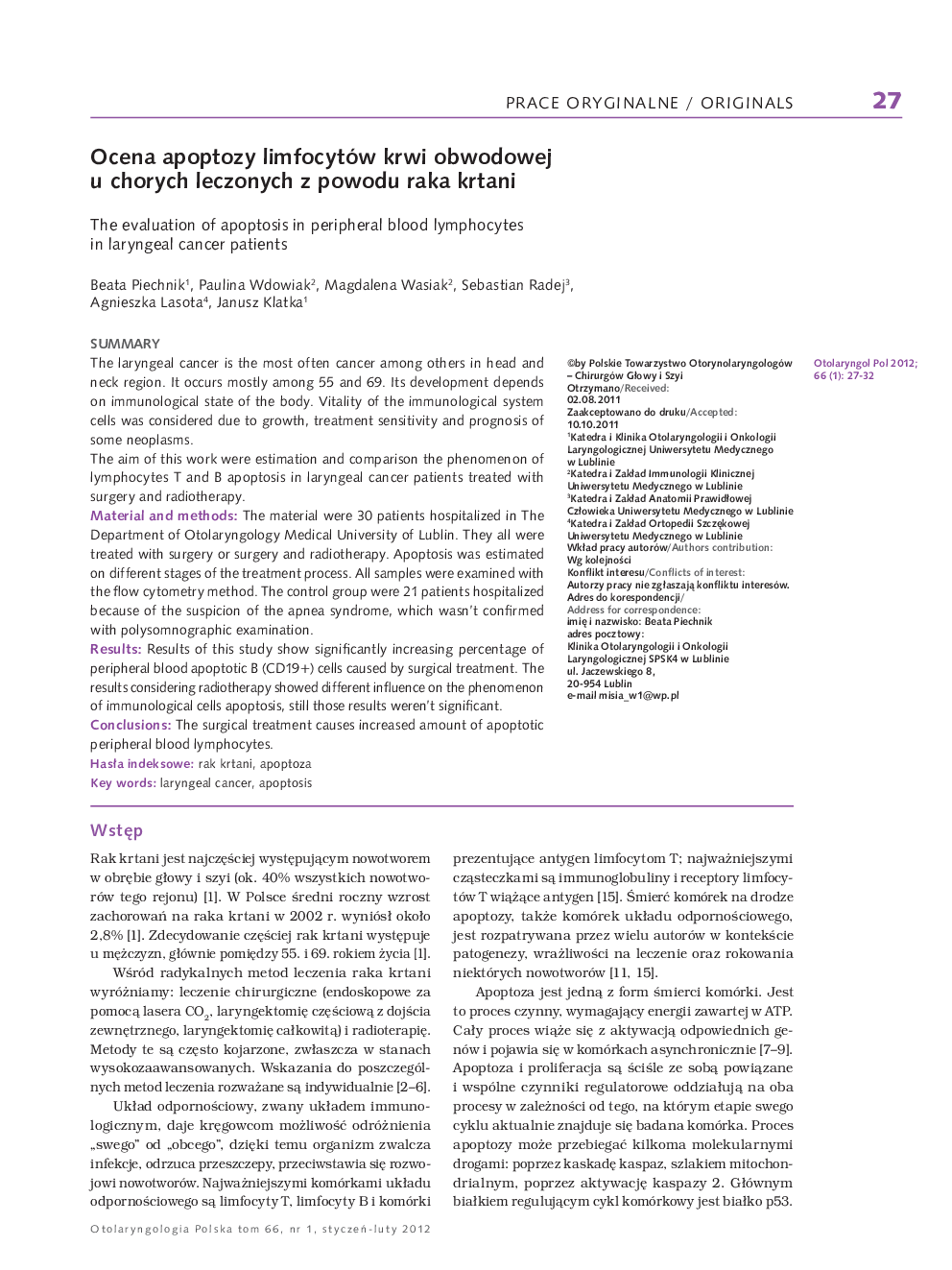 Ocena apoptozy limfocytów krwi obwodowej u chorych leczonych z powodu raka krtani