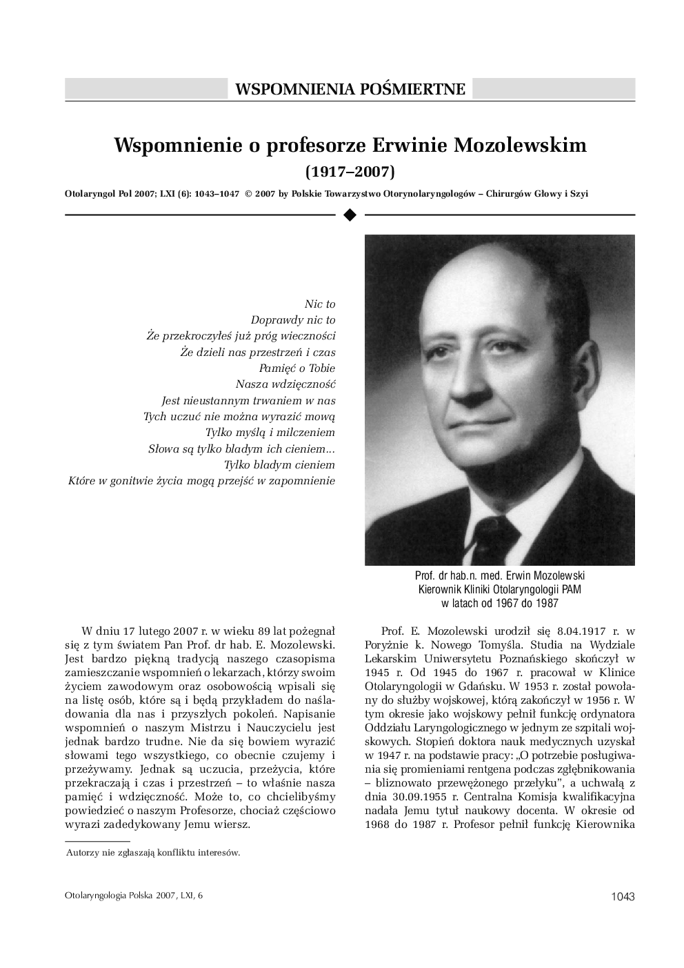 عکس صفحه اول مقاله: Wspomnienie o profesorze Erwinie Mozolewskim (1917-2007) Wspomnienie o profesorze Erwinie Mozolewskim (1917-2007)