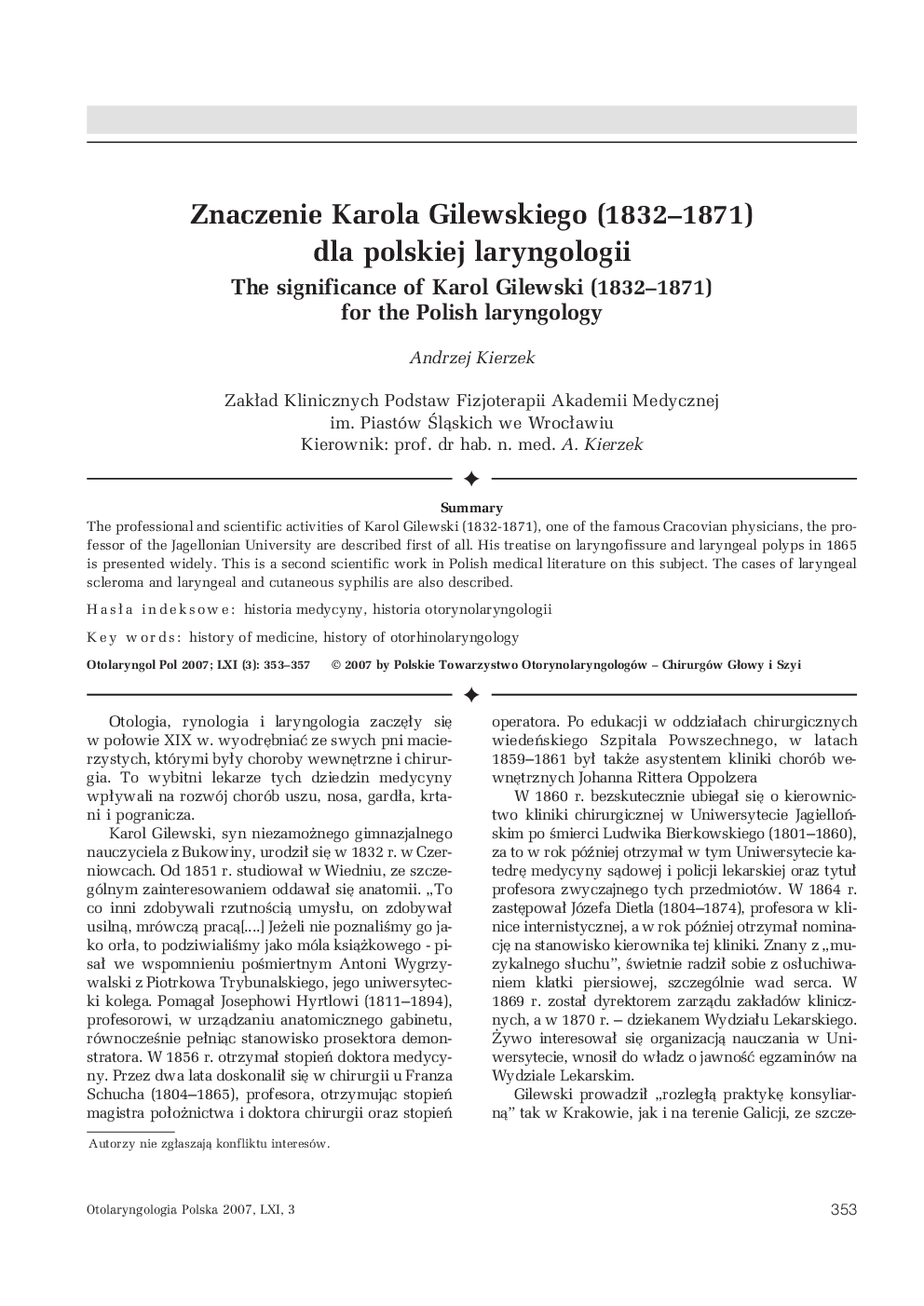 Znaczenie Karola Gilewskiego (1832-1871) dla polskiej laryngologii