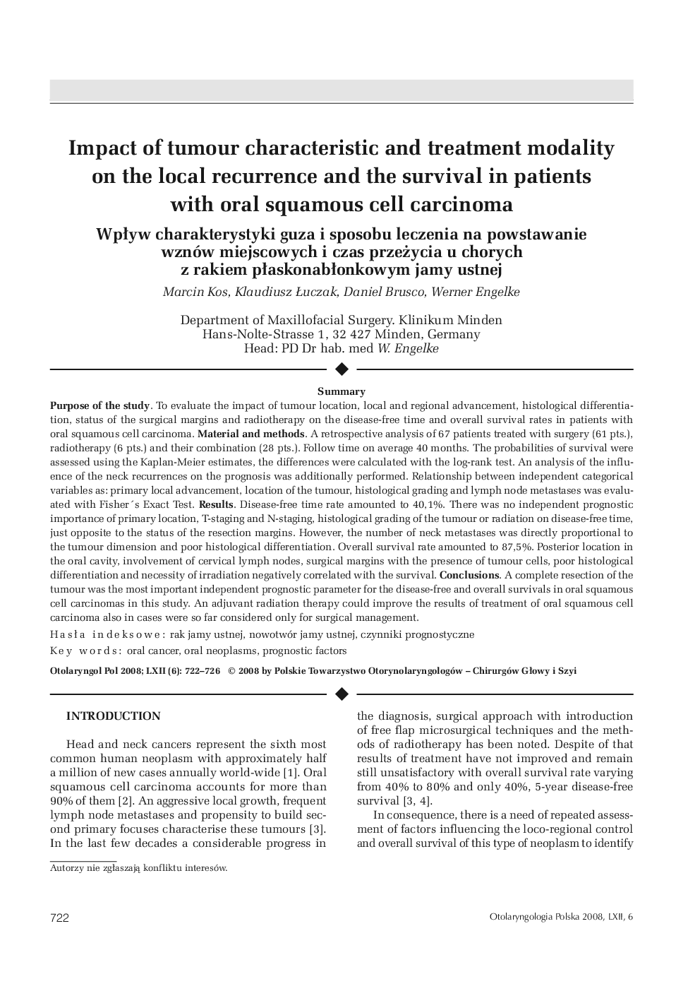 Impact of tumour characteristic and treatment modality on the local recurrence and the survival in patients with oral squamous cell carcinoma