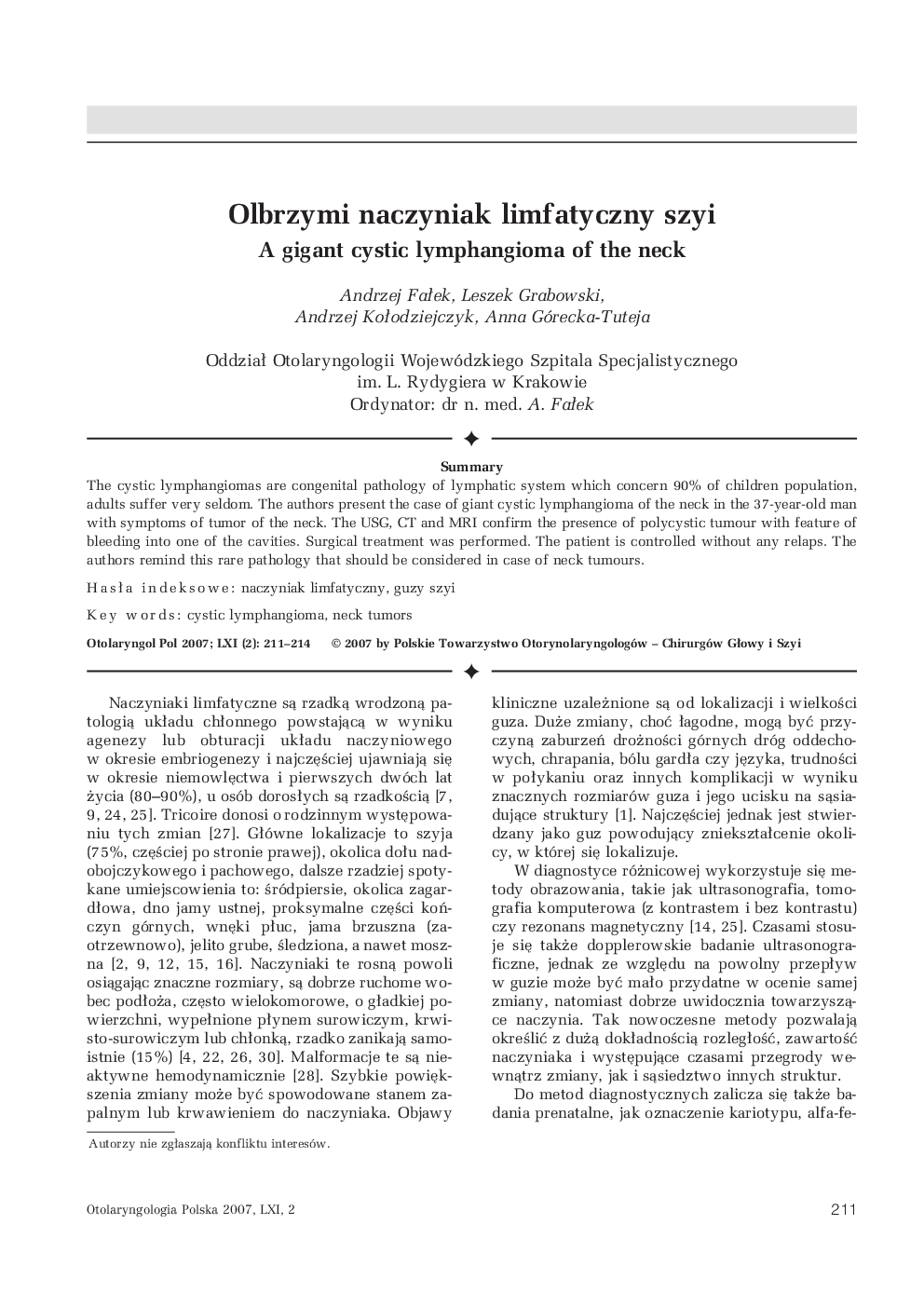 Olbrzymi naczyniak limfatyczny szyi