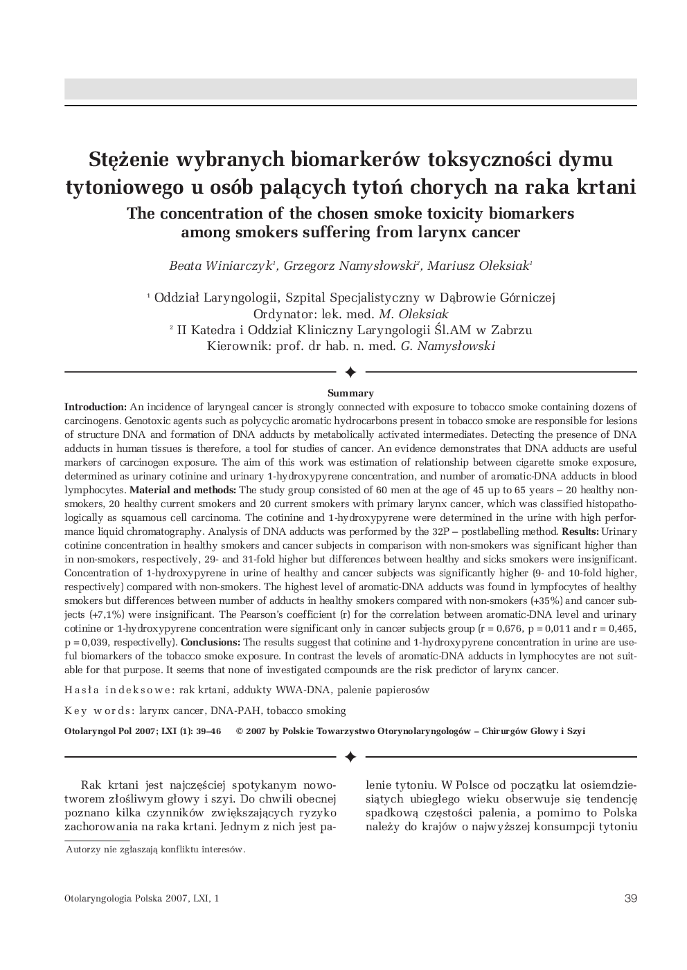 StÄÅ¼enie wybranych biomarkerów toksycznoÅci dymu tytoniowego u osób palÄcych tytoÅ chorych na raka krtani