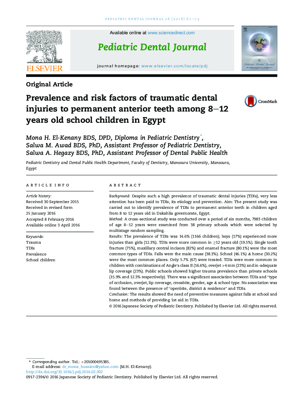 Prevalence and risk factors of traumatic dental injuries to permanent anterior teeth among 8–12 years old school children in Egypt