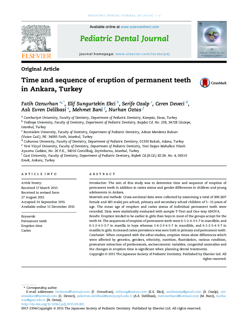 Time and sequence of eruption of permanent teeth in Ankara, Turkey