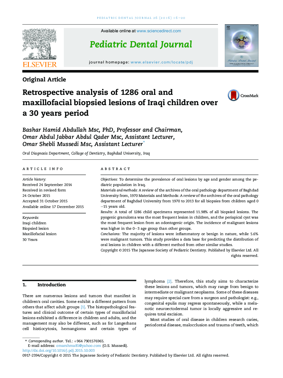 Retrospective analysis of 1286 oral and maxillofacial biopsied lesions of Iraqi children over a 30 years period