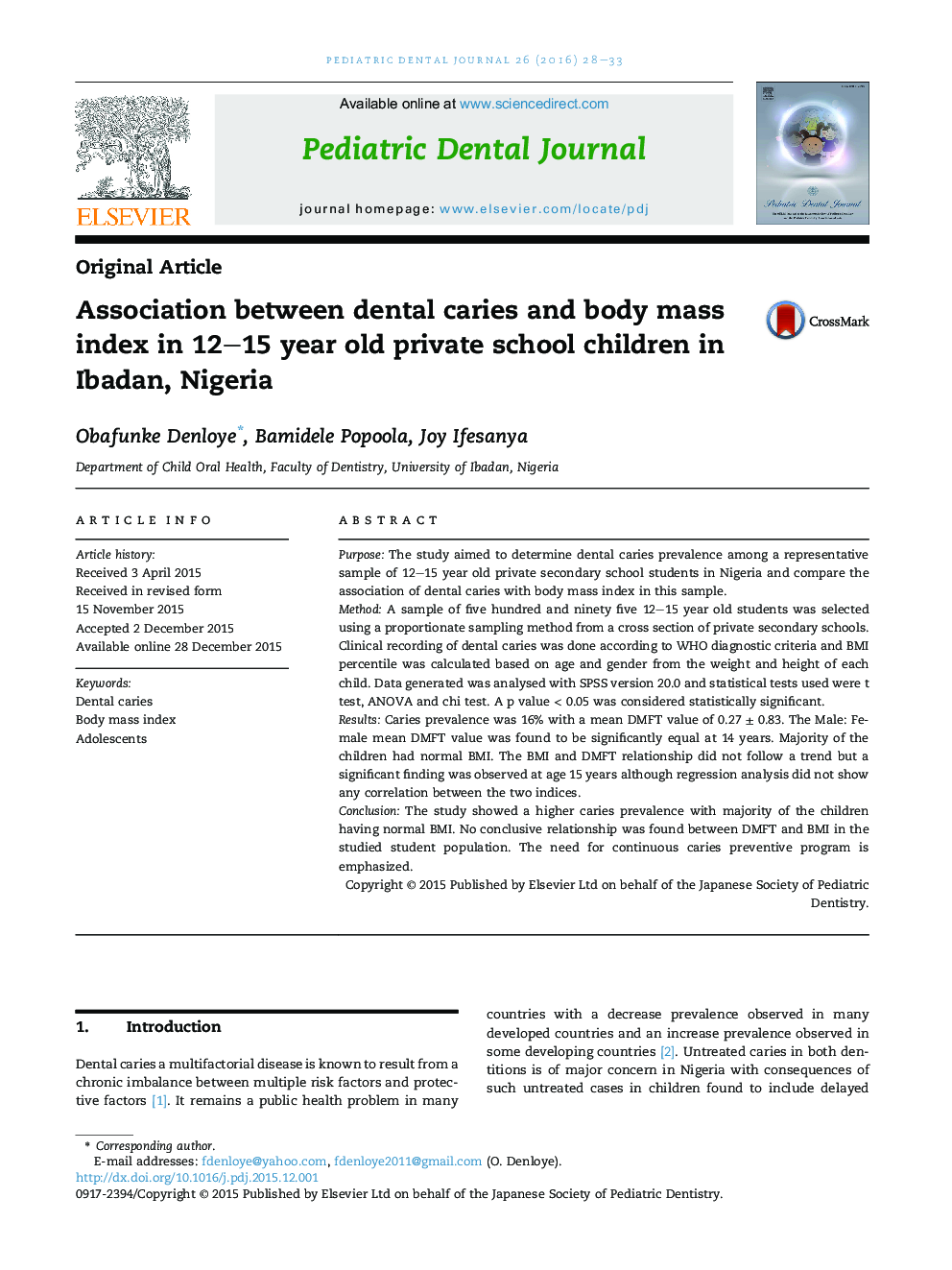 Association between dental caries and body mass index in 12–15 year old private school children in Ibadan, Nigeria