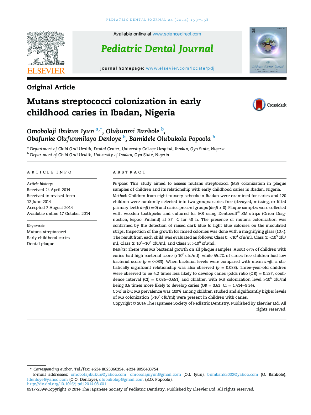 Mutans streptococci colonization in early childhood caries in Ibadan, Nigeria