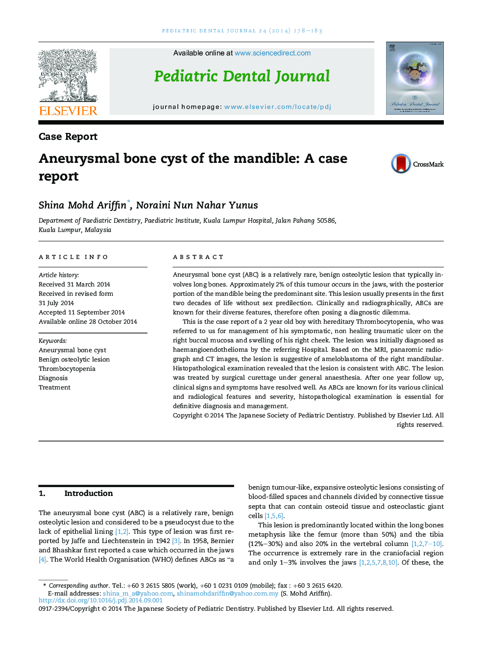 Aneurysmal bone cyst of the mandible: A case report