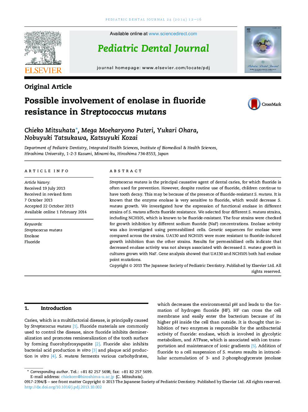 Possible involvement of enolase in fluoride resistance in Streptococcus mutans