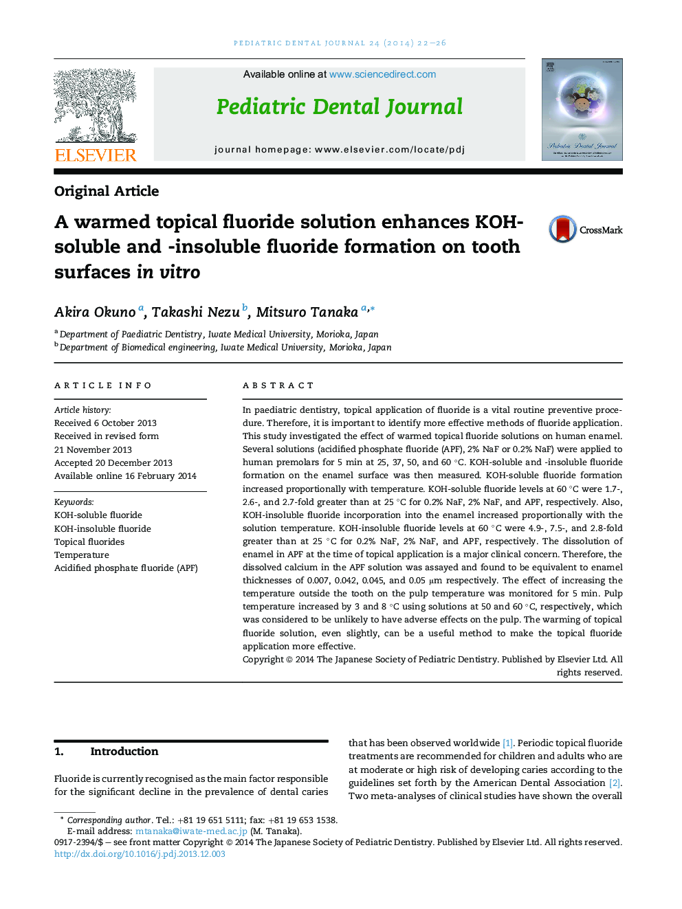 A warmed topical fluoride solution enhances KOH-soluble and -insoluble fluoride formation on tooth surfaces in vitro