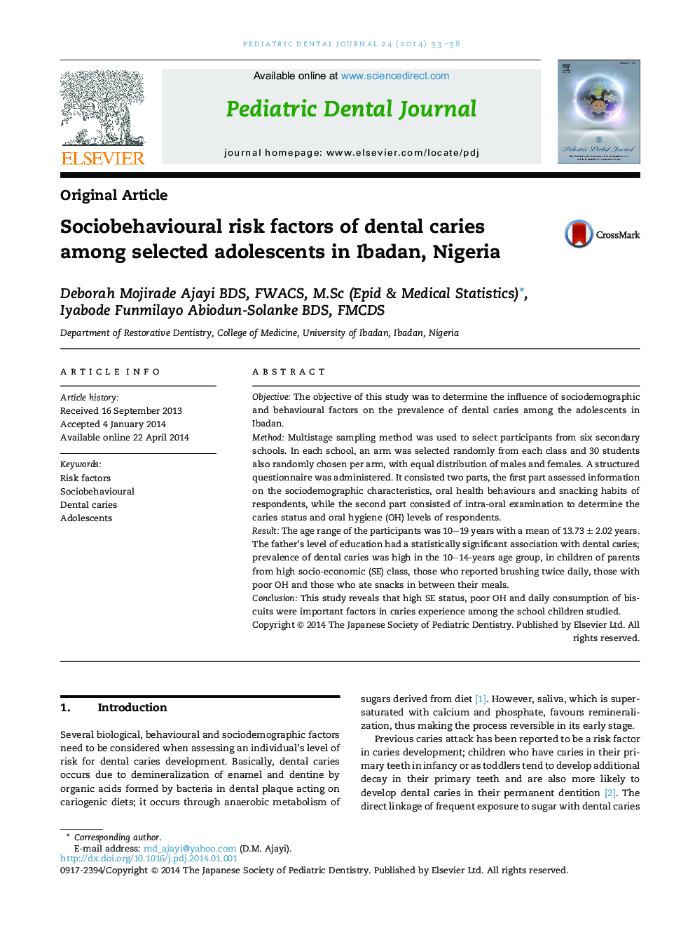 Sociobehavioural risk factors of dental caries among selected adolescents in Ibadan, Nigeria