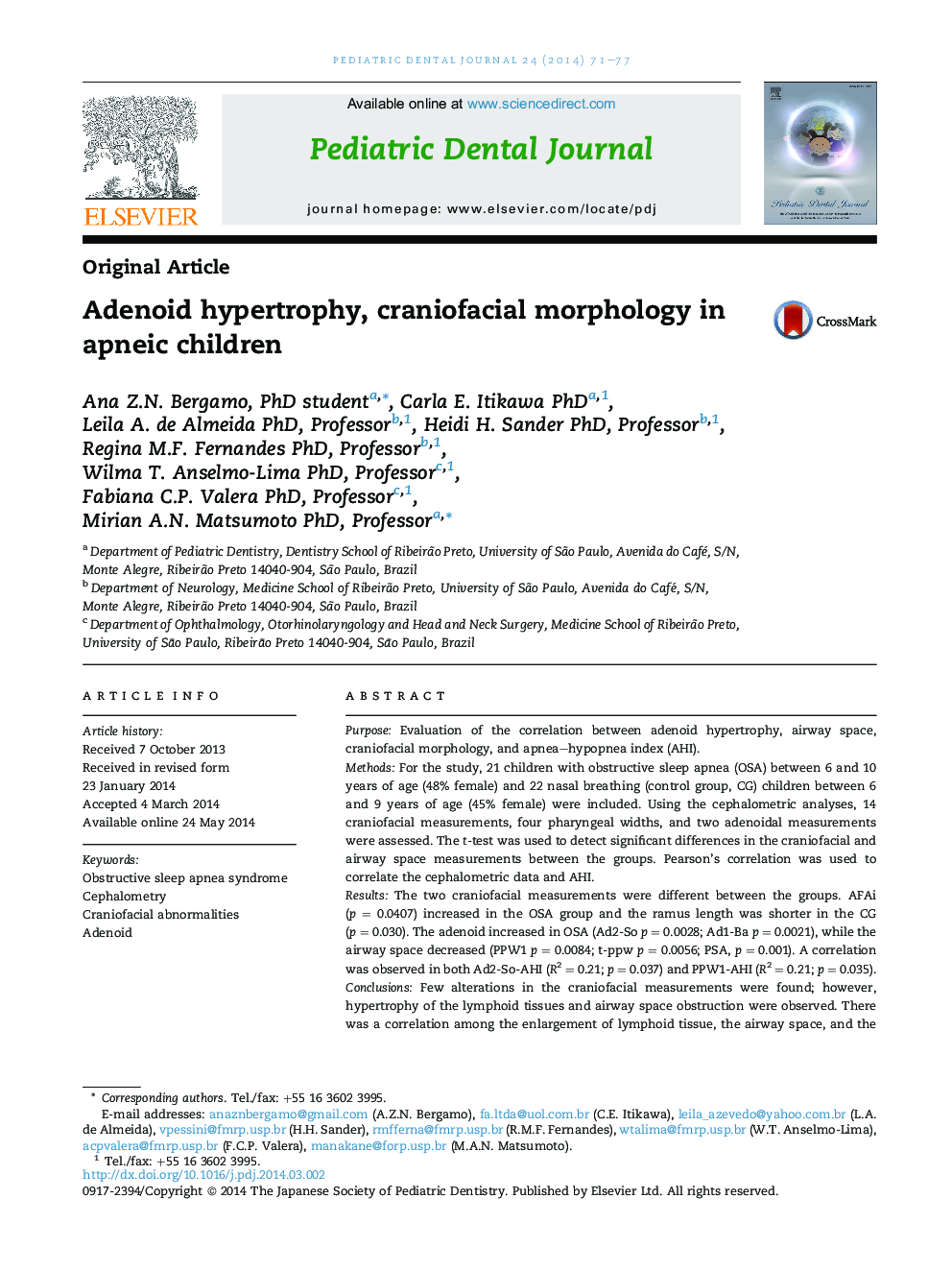 Adenoid hypertrophy, craniofacial morphology in apneic children