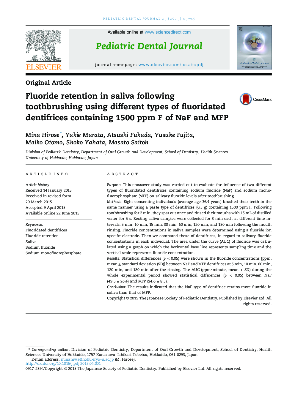 Fluoride retention in saliva following toothbrushing using different types of fluoridated dentifrices containing 1500 ppm F of NaF and MFP