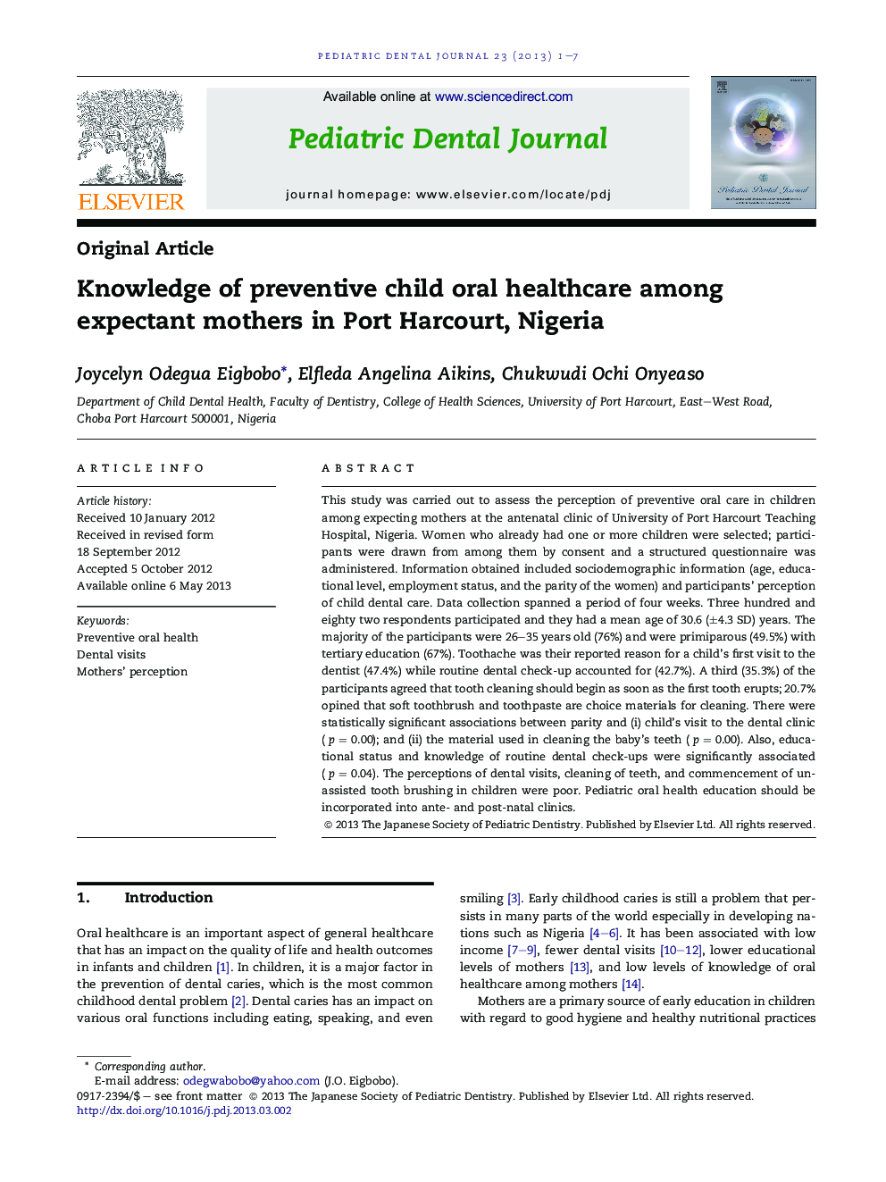 Knowledge of preventive child oral healthcare among expectant mothers in Port Harcourt, Nigeria