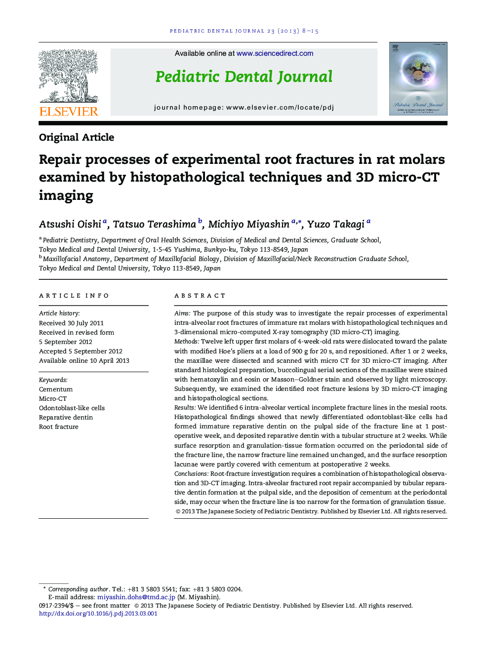 Repair processes of experimental root fractures in rat molars examined by histopathological techniques and 3D micro-CT imaging