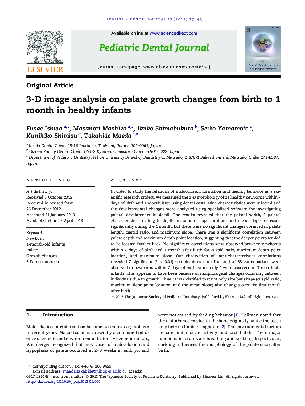 3-D image analysis on palate growth changes from birth to 1 month in healthy infants