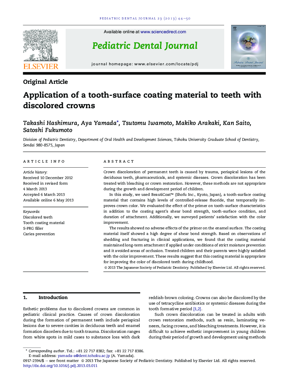 Application of a tooth-surface coating material to teeth with discolored crowns