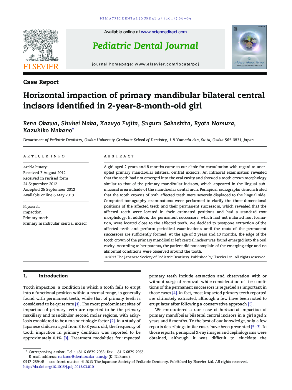 Horizontal impaction of primary mandibular bilateral central incisors identified in 2-year-8-month-old girl